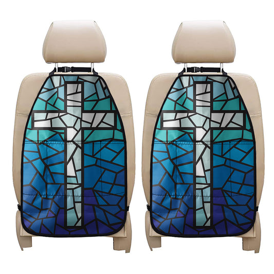 Blue Stained Glass Cross Print Car Seat Organizers