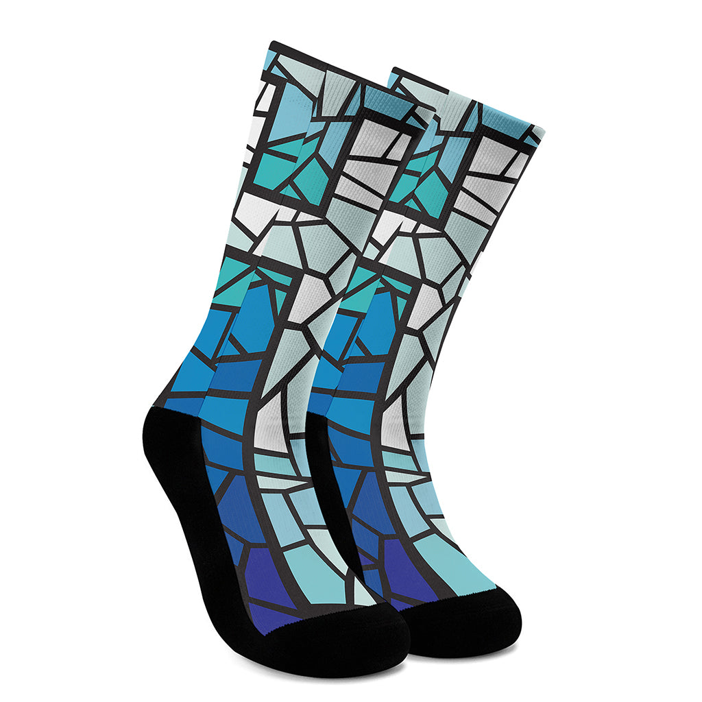 Blue Stained Glass Cross Print Crew Socks