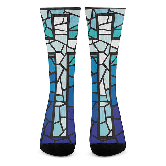 Blue Stained Glass Cross Print Crew Socks