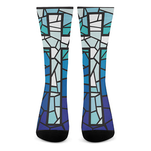 Blue Stained Glass Cross Print Crew Socks