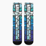 Blue Stained Glass Cross Print Crew Socks