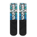 Blue Stained Glass Cross Print Crew Socks