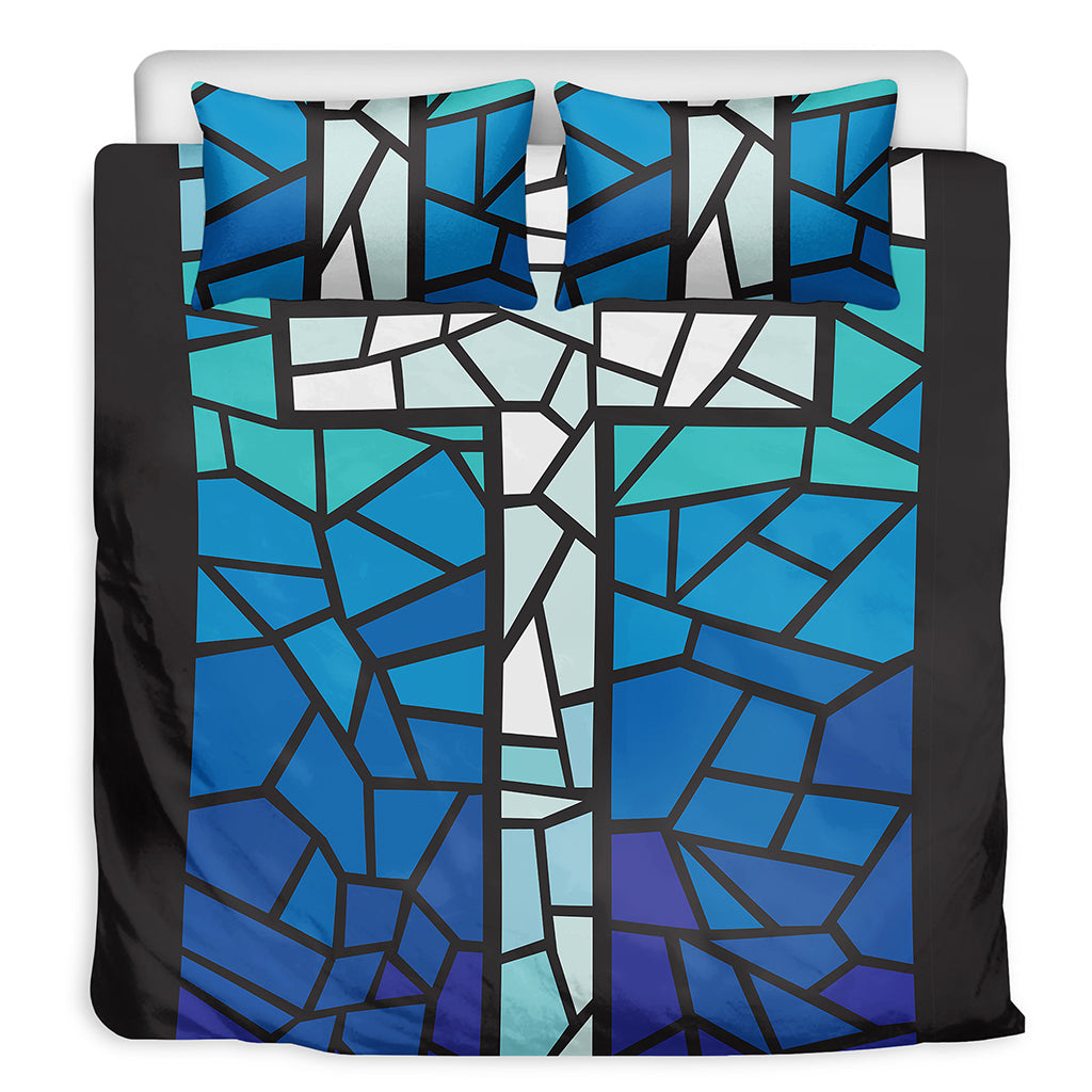 Blue Stained Glass Cross Print Duvet Cover Bedding Set