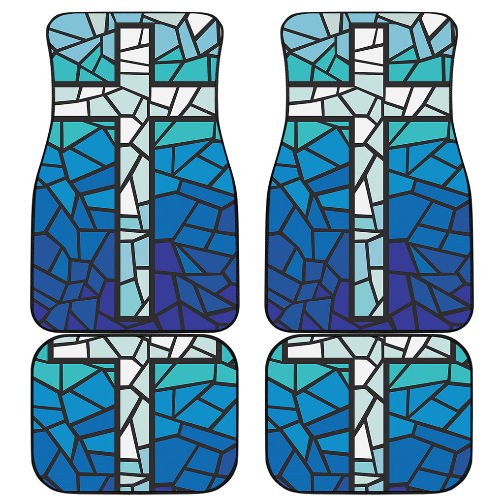 Blue Stained Glass Cross Print Front and Back Car Floor Mats