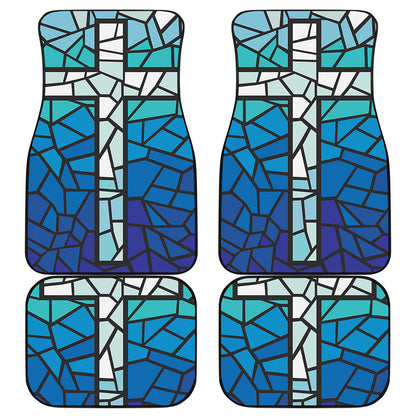 Blue Stained Glass Cross Print Front and Back Car Floor Mats