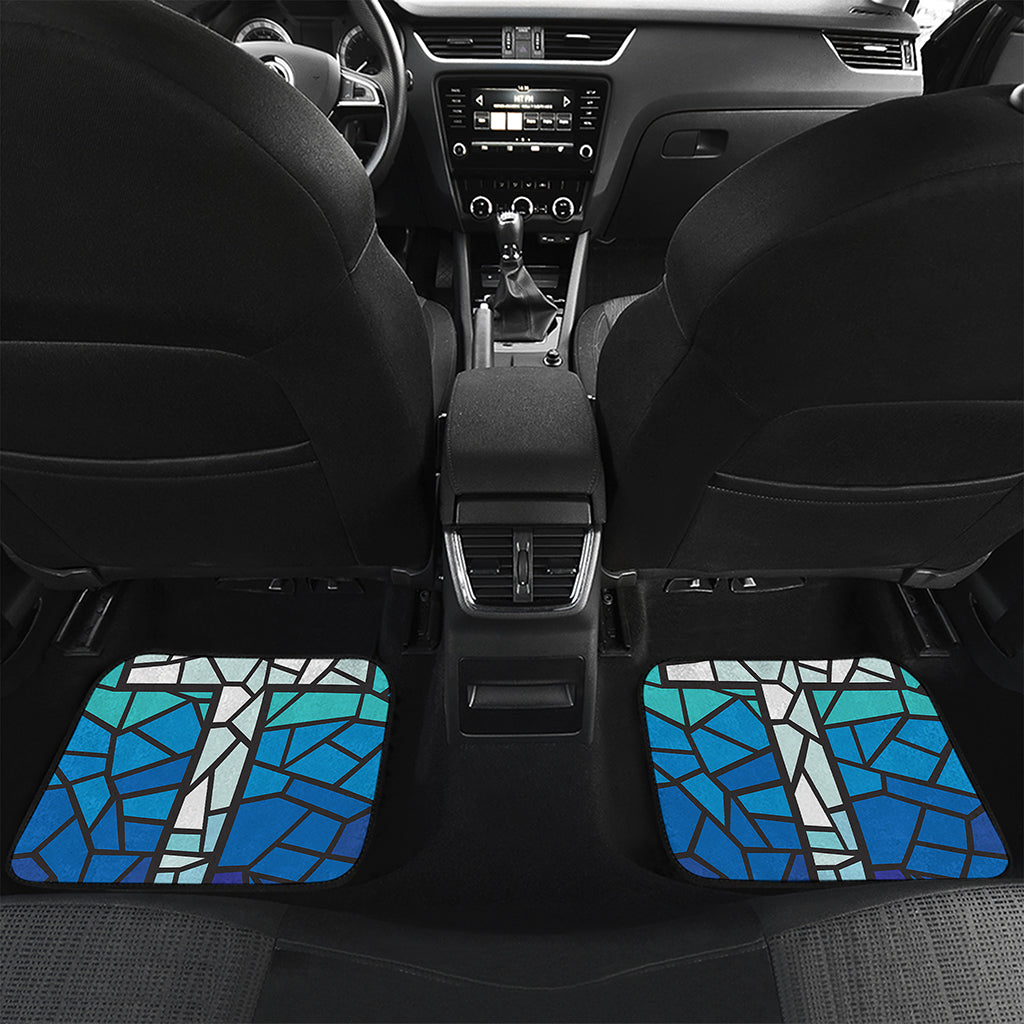 Blue Stained Glass Cross Print Front and Back Car Floor Mats