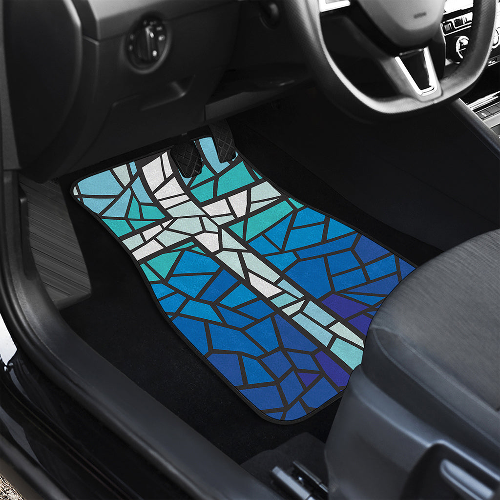 Blue Stained Glass Cross Print Front and Back Car Floor Mats