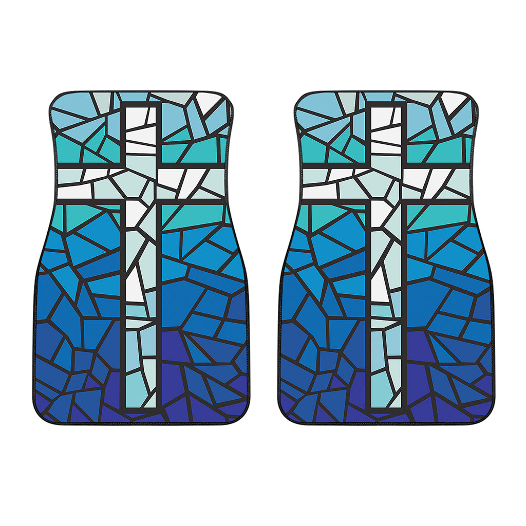 Blue Stained Glass Cross Print Front Car Floor Mats
