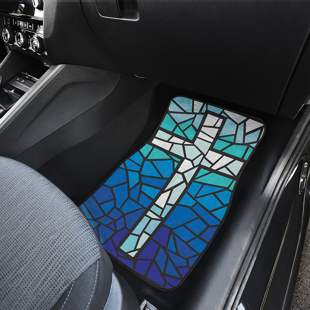 Blue Stained Glass Cross Print Front Car Floor Mats