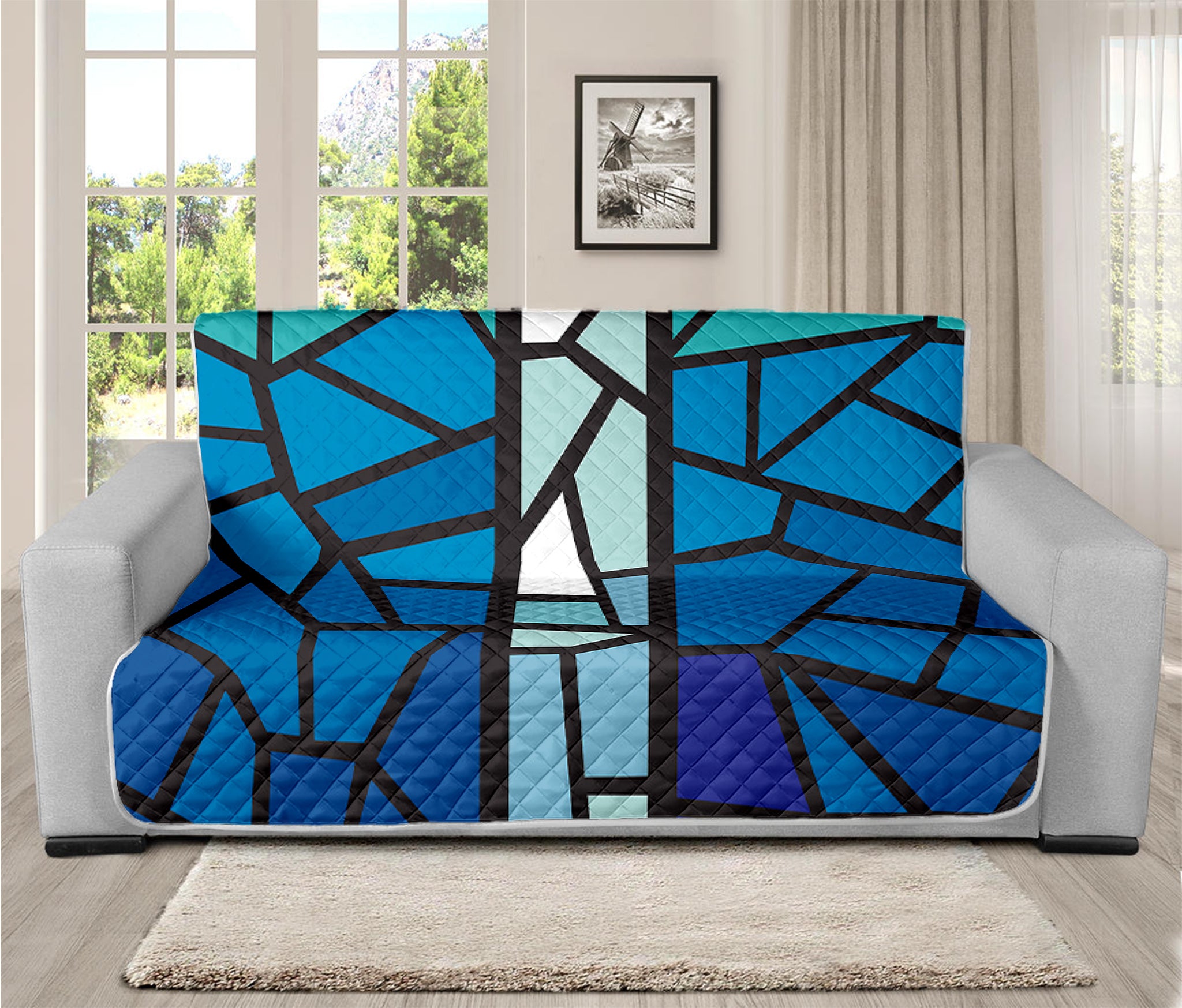 Blue Stained Glass Cross Print Futon Protector