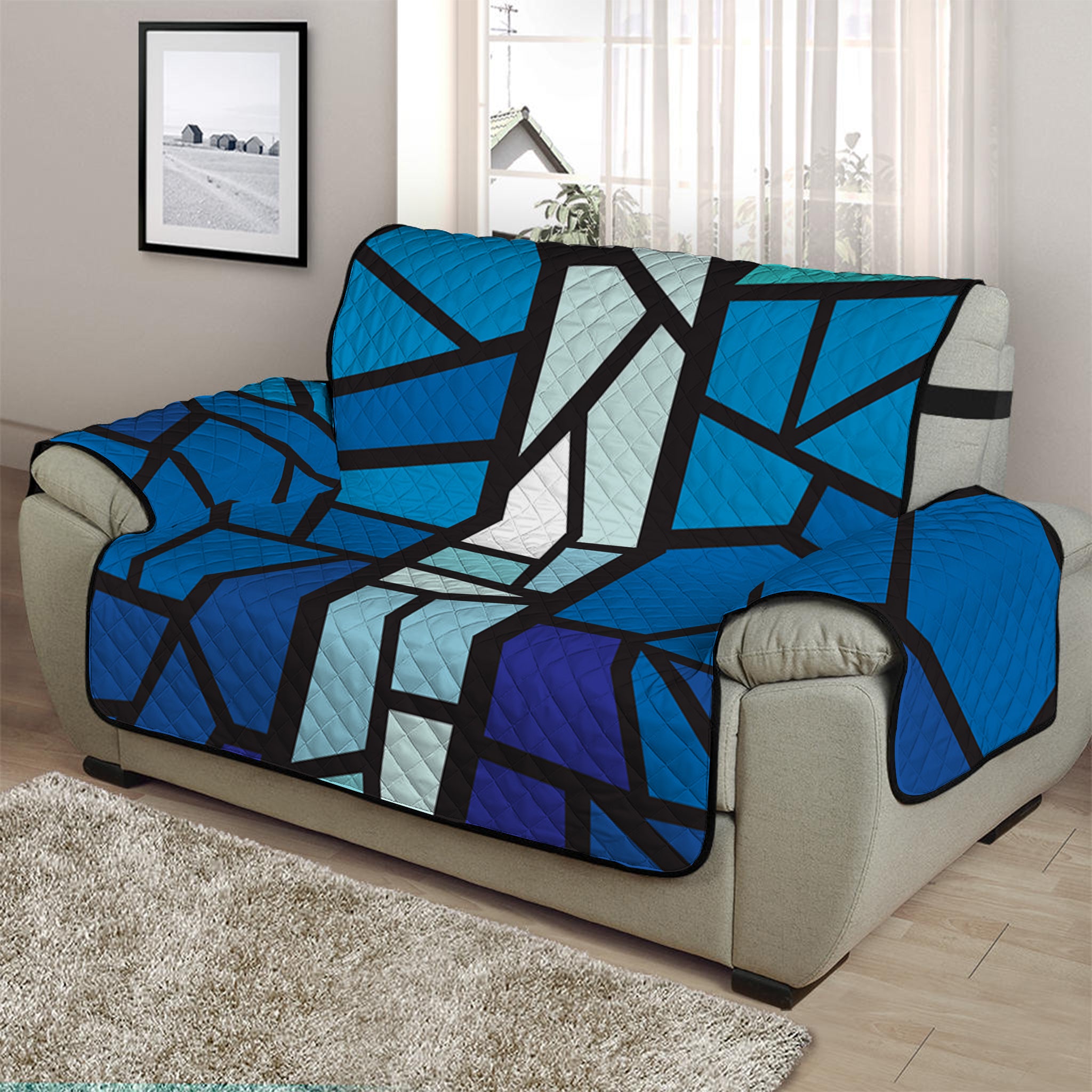 Blue Stained Glass Cross Print Half Sofa Protector