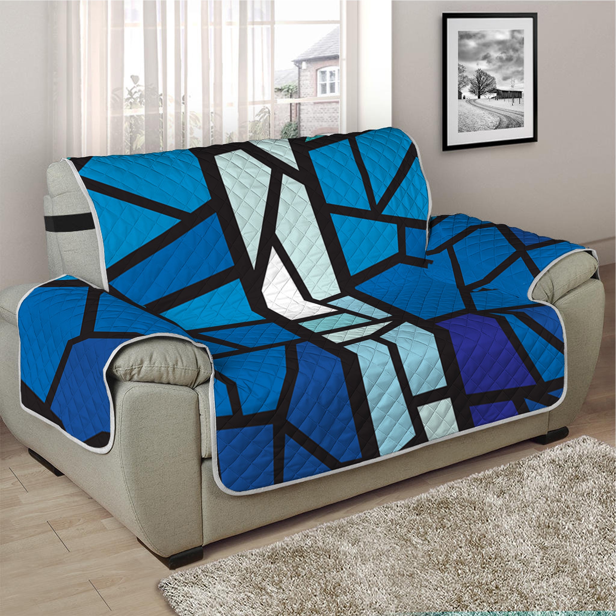 Blue Stained Glass Cross Print Half Sofa Protector