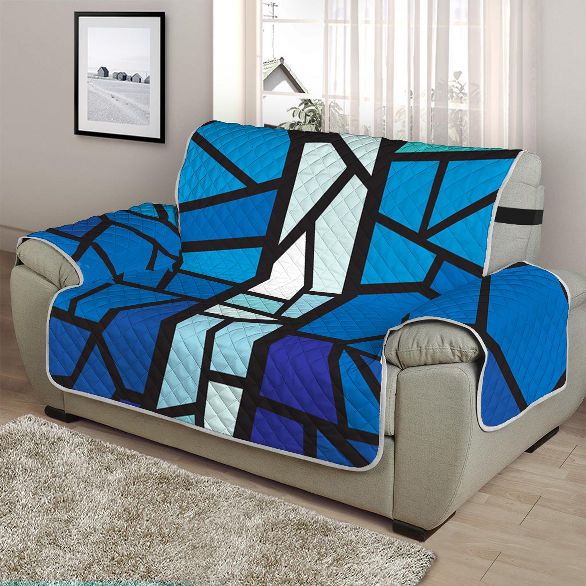 Blue Stained Glass Cross Print Half Sofa Protector