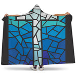 Blue Stained Glass Cross Print Hooded Blanket