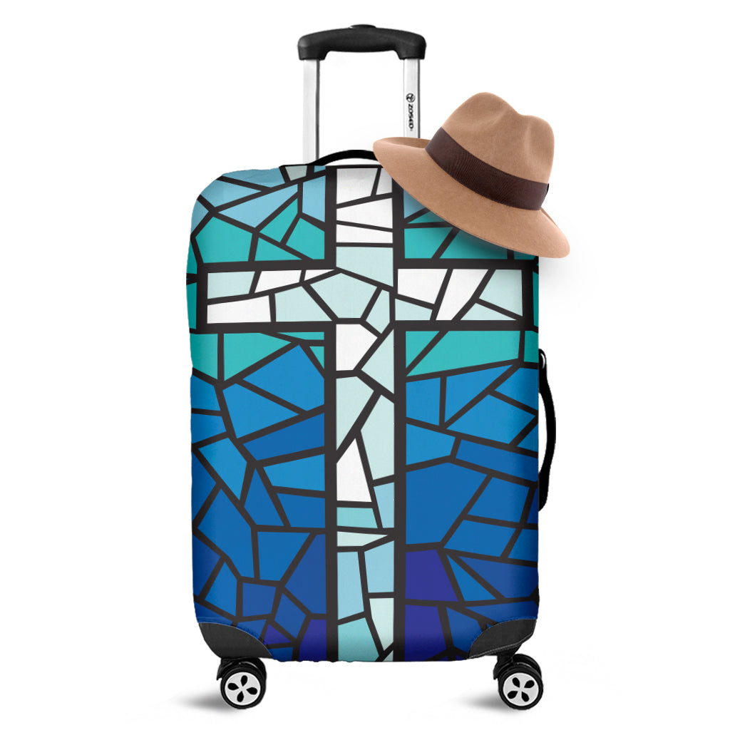 Blue Stained Glass Cross Print Luggage Cover