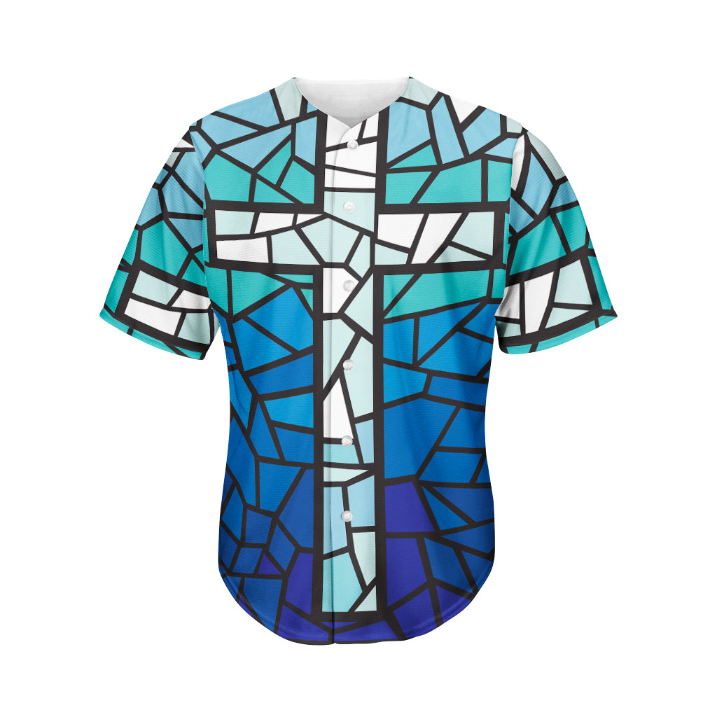 Blue Stained Glass Cross Print Men's Baseball Jersey