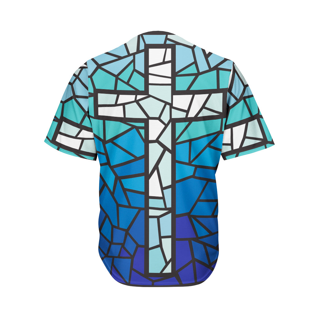 Blue Stained Glass Cross Print Men's Baseball Jersey