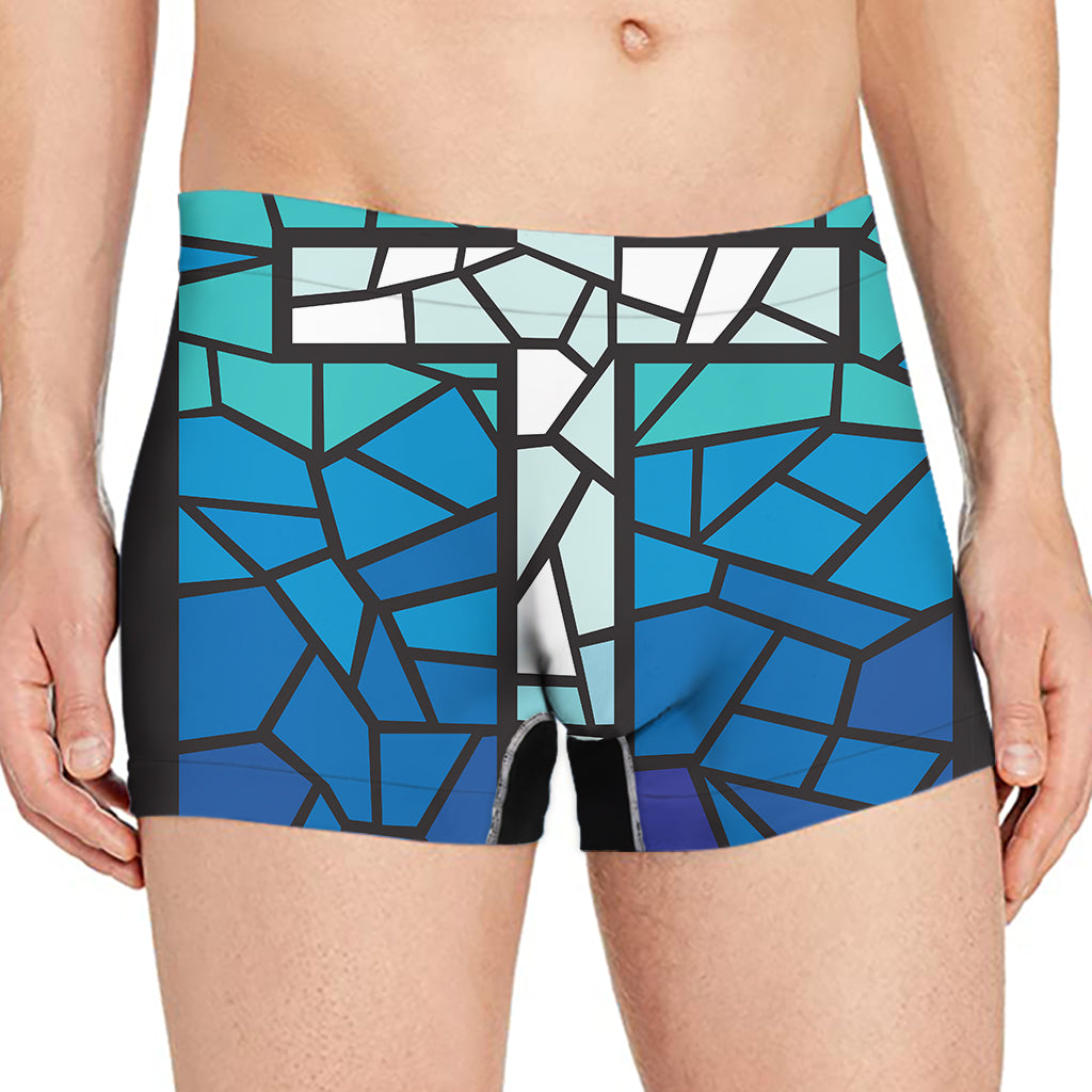 Blue Stained Glass Cross Print Men's Boxer Briefs