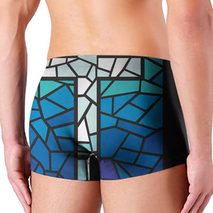 Blue Stained Glass Cross Print Men's Boxer Briefs