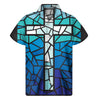 Blue Stained Glass Cross Print Men's Short Sleeve Shirt