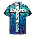 Blue Stained Glass Cross Print Men's Short Sleeve Shirt