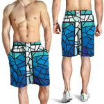 Blue Stained Glass Cross Print Men's Shorts