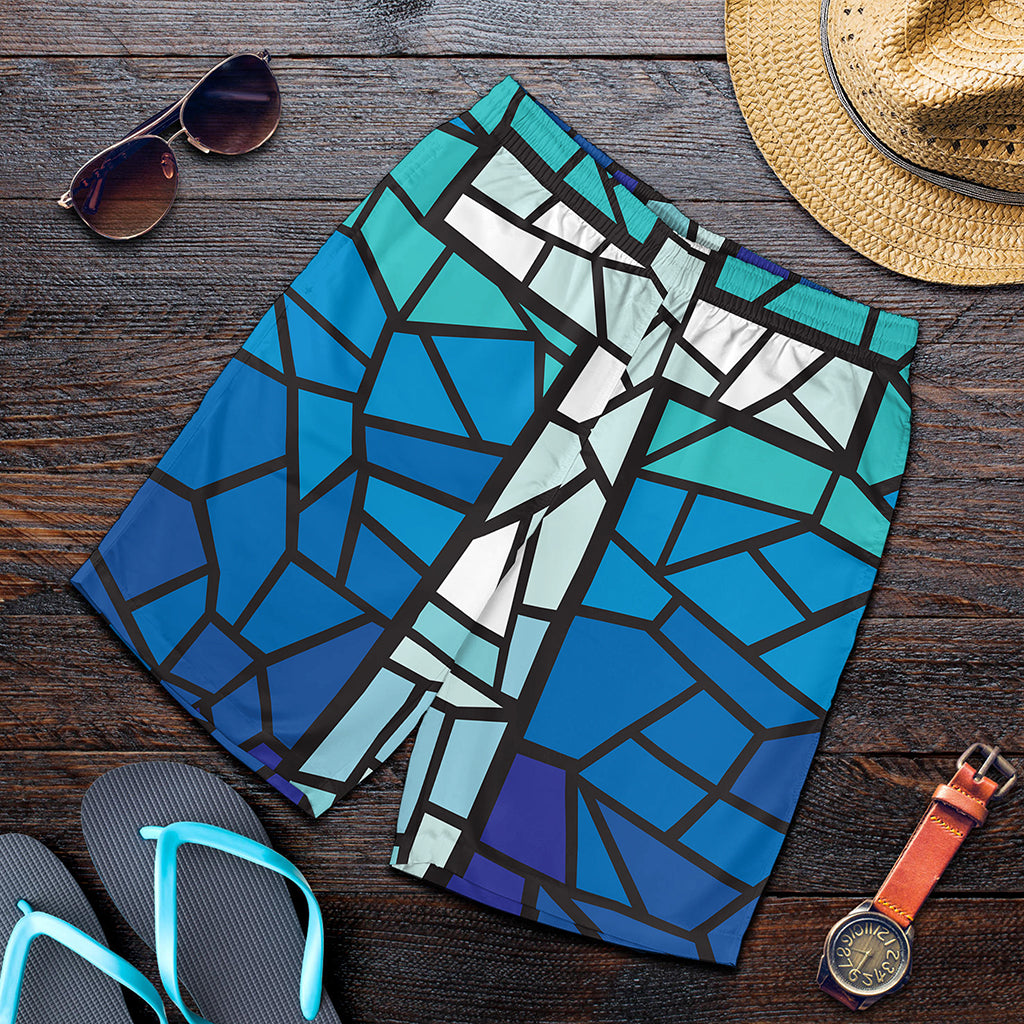 Blue Stained Glass Cross Print Men's Shorts