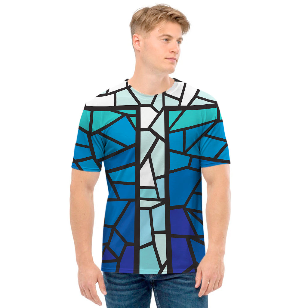 Blue Stained Glass Cross Print Men's T-Shirt