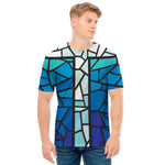 Blue Stained Glass Cross Print Men's T-Shirt