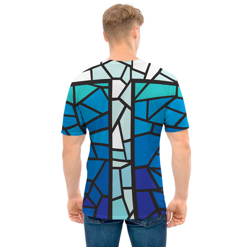 Blue Stained Glass Cross Print Men's T-Shirt