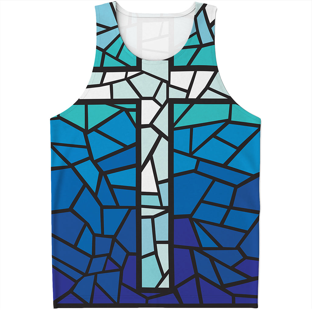 Blue Stained Glass Cross Print Men's Tank Top