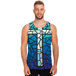 Blue Stained Glass Cross Print Men's Tank Top