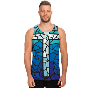 Blue Stained Glass Cross Print Men's Tank Top