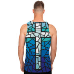 Blue Stained Glass Cross Print Men's Tank Top