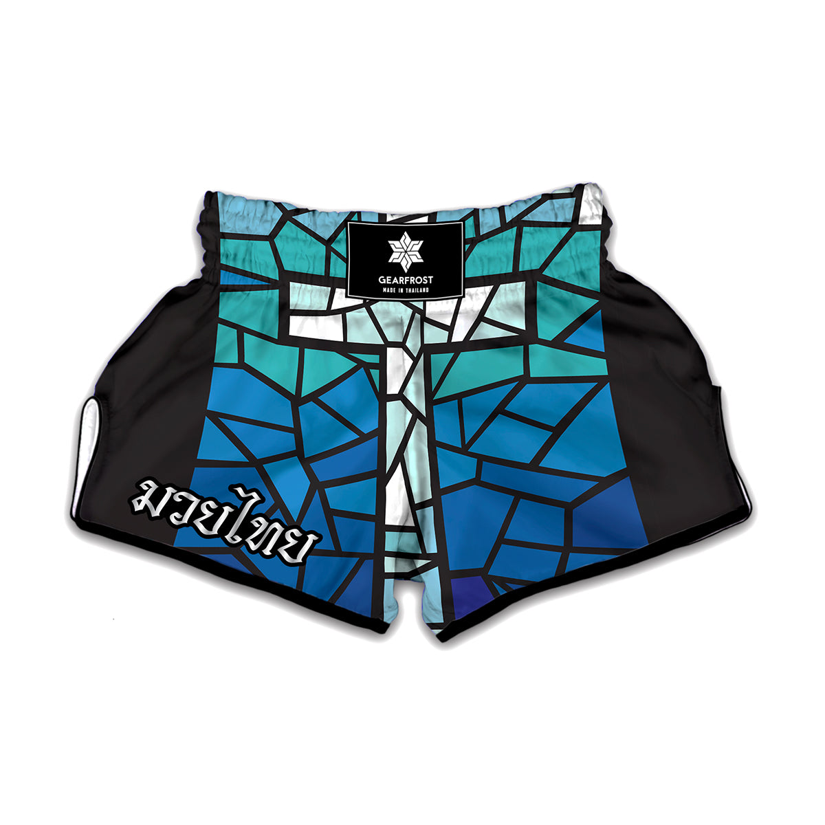 Blue Stained Glass Cross Print Muay Thai Boxing Shorts