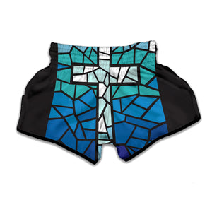 Blue Stained Glass Cross Print Muay Thai Boxing Shorts