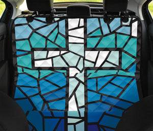 Blue Stained Glass Cross Print Pet Car Back Seat Cover