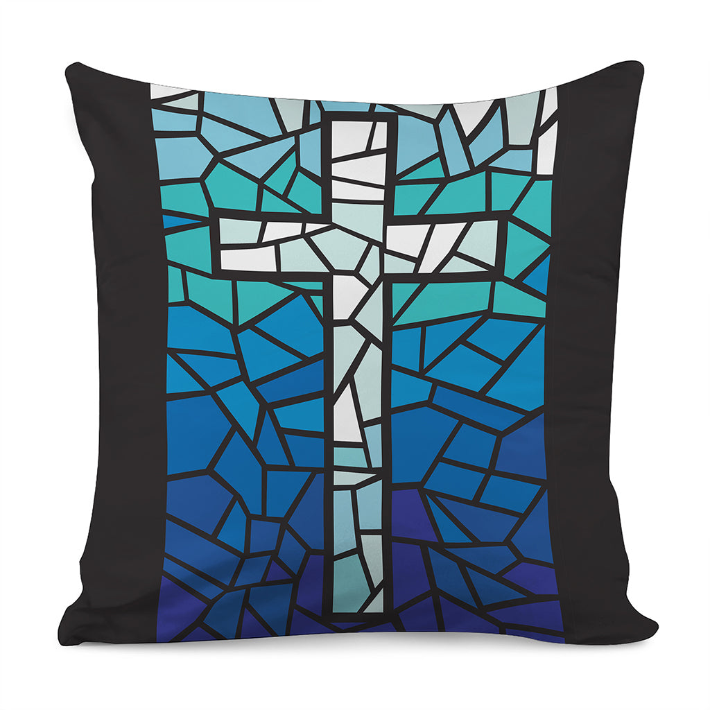 Blue Stained Glass Cross Print Pillow Cover
