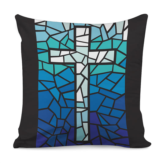 Blue Stained Glass Cross Print Pillow Cover