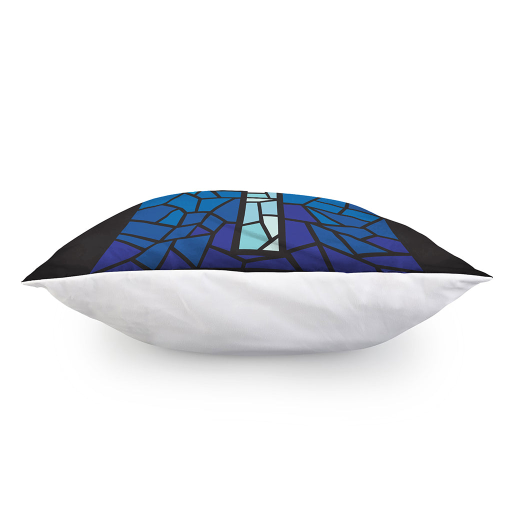 Blue Stained Glass Cross Print Pillow Cover