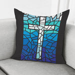 Blue Stained Glass Cross Print Pillow Cover