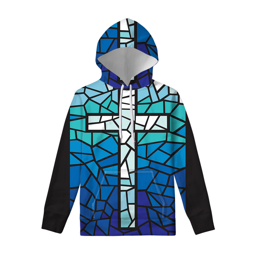 Blue Stained Glass Cross Print Pullover Hoodie