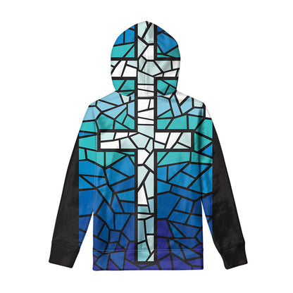 Blue Stained Glass Cross Print Pullover Hoodie