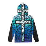 Blue Stained Glass Cross Print Pullover Hoodie