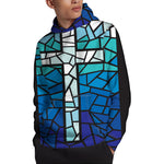 Blue Stained Glass Cross Print Pullover Hoodie