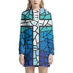 Blue Stained Glass Cross Print Pullover Hoodie Dress