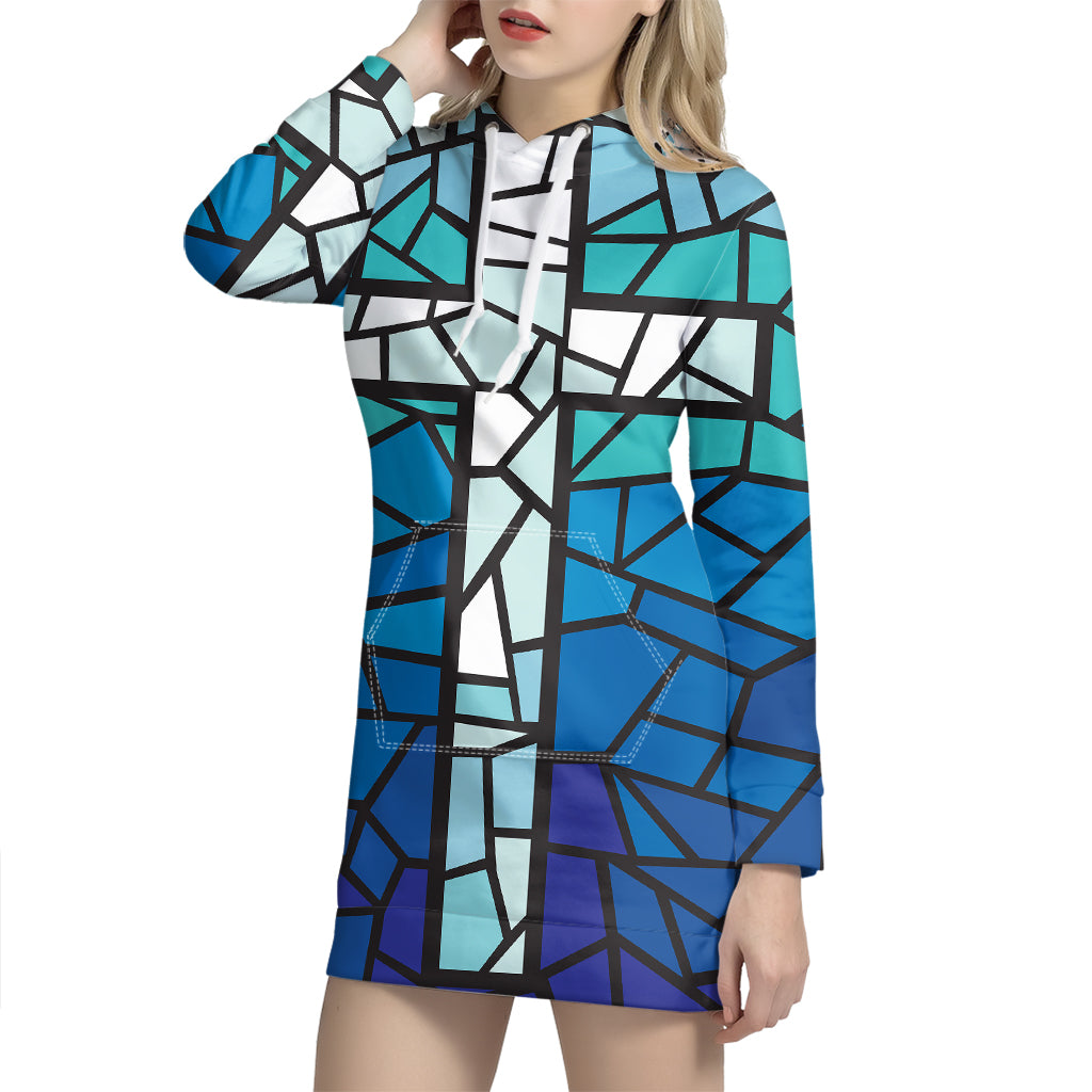 Blue Stained Glass Cross Print Pullover Hoodie Dress