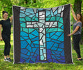 Blue Stained Glass Cross Print Quilt