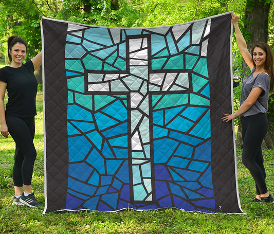 Blue Stained Glass Cross Print Quilt