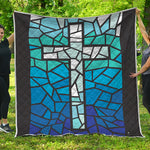 Blue Stained Glass Cross Print Quilt